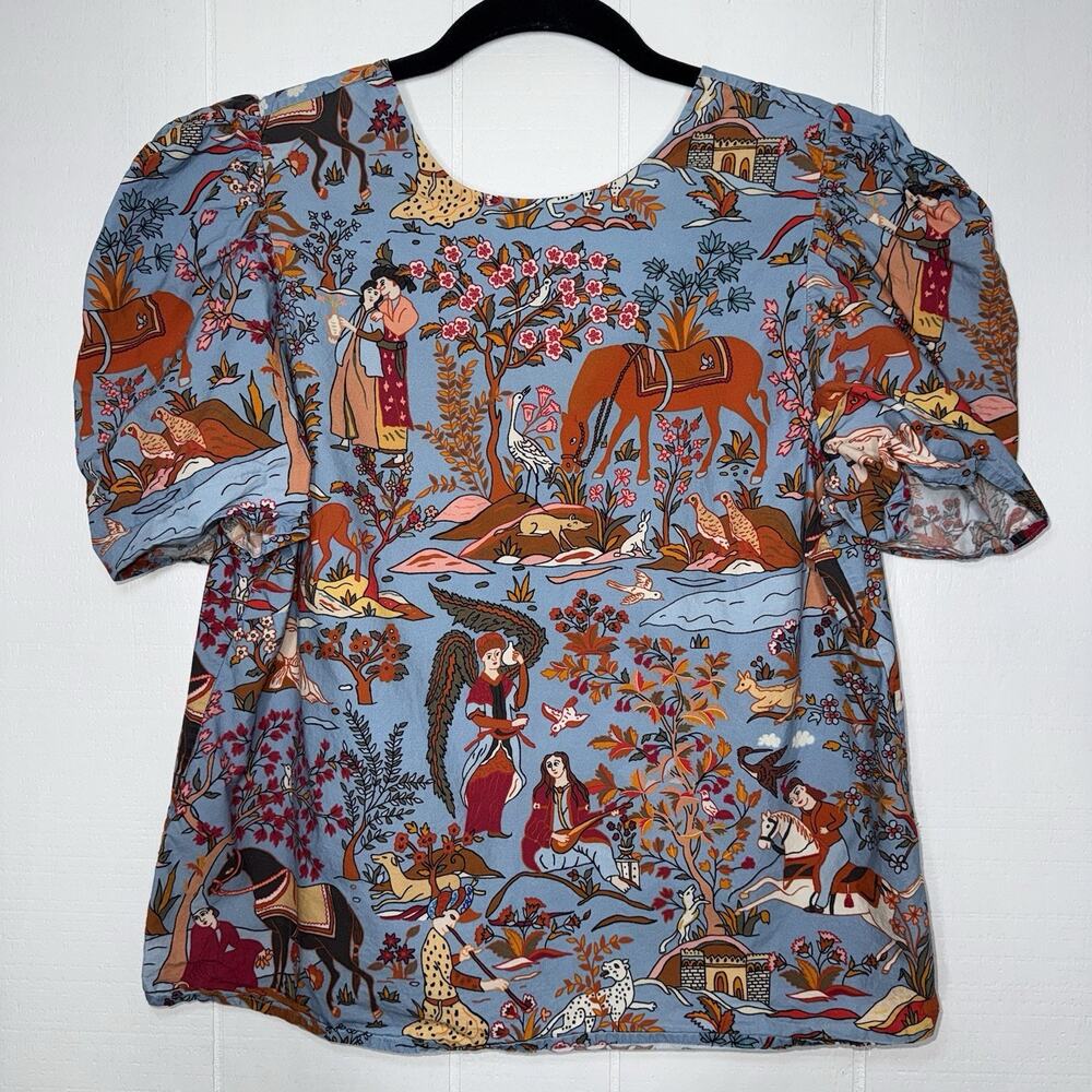 Rhode Women’s Asia Inspired Printed Blouse Puff Sleeves Size Medium